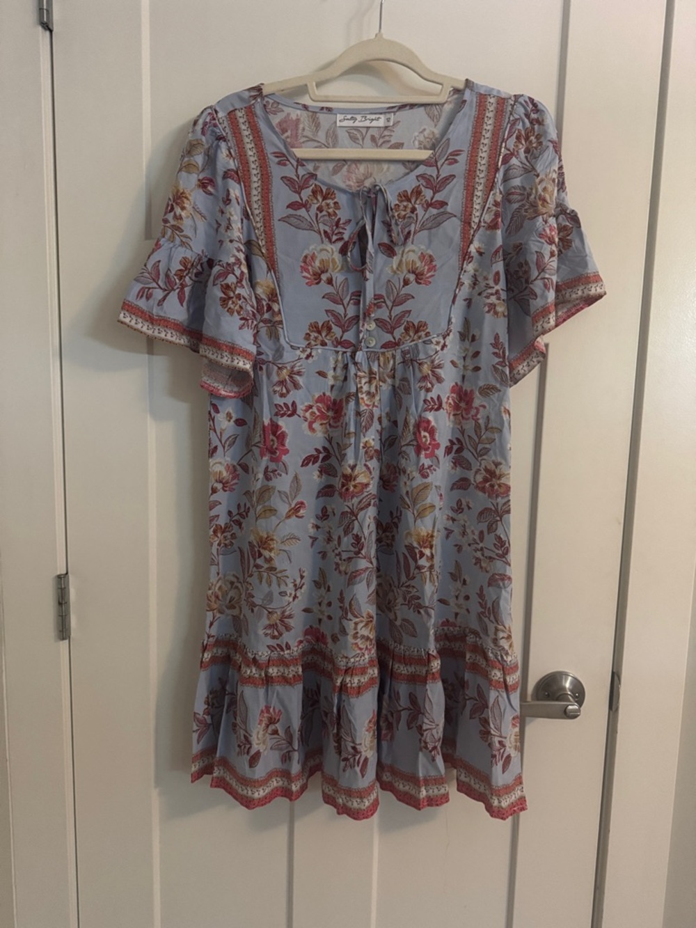 Boho Floral Tie-Neck Mini Dress in Light Blue
